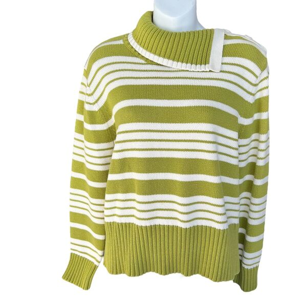 Green Ivory Stripe Sweater Womens Large Nautical Knit Buttons Classic Preppy Vtg - Picture 1 of 13